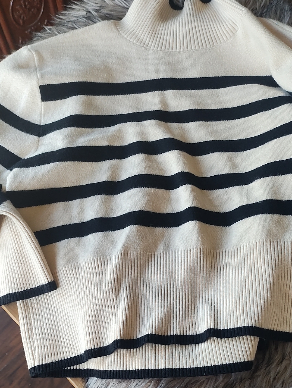 Deluc Cream & Black Ribbed Turtleneck Sweater